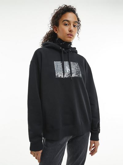 Calvin Klein Ruhák HU666474 | Calvin Klein Oversized Sequin Logo Női Kapucnis Pulóver Fekete